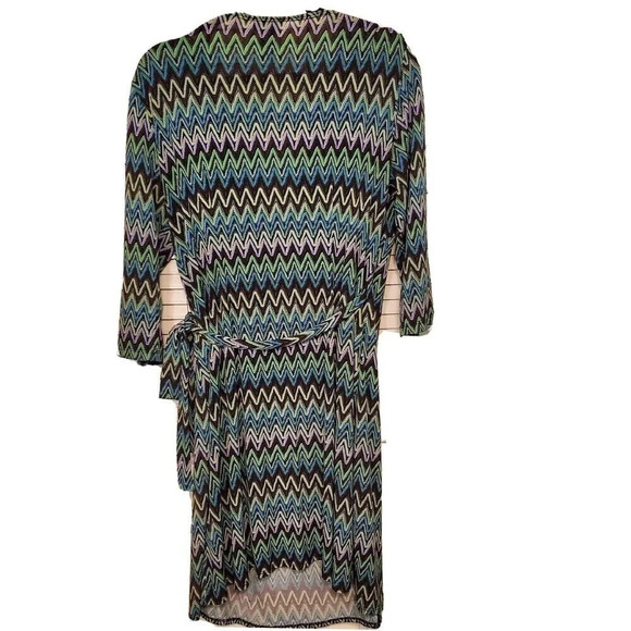 Soho Apparel LTD Wrap Dress Womens Chevron Sz 10 Blue Green Brown Fall Midi - Picture 2 of 5